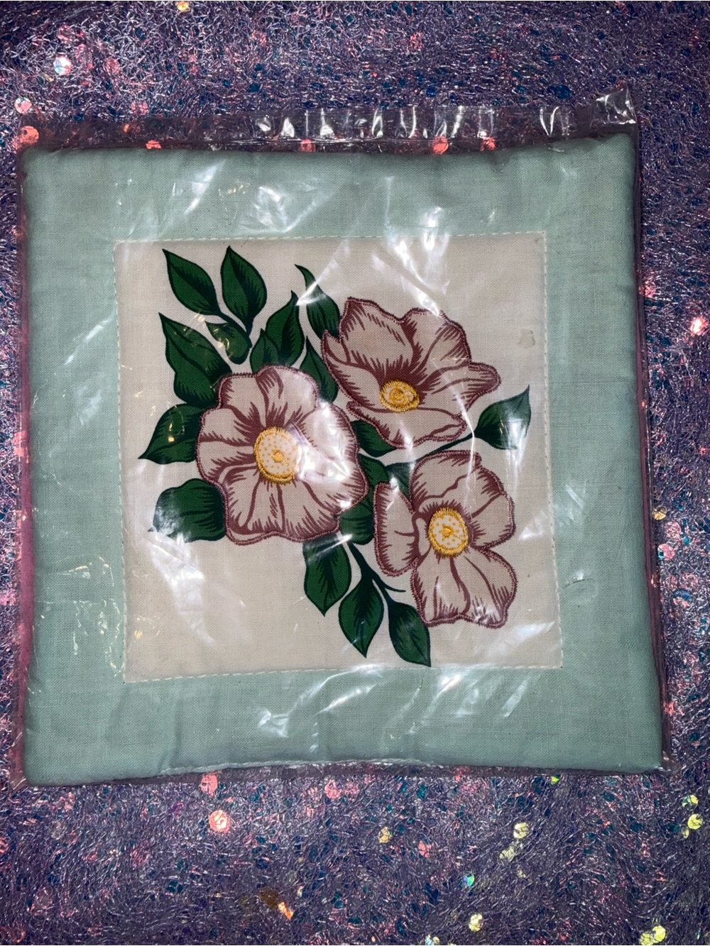 Vintage Kitchen Craft Floral Patchwork Linen Tea Towel - Mint Green